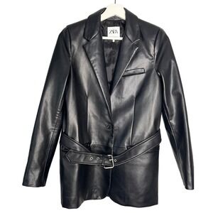 Zara Faux Leather Single Button Belted Blazer Jacket Black Women's Sz XS